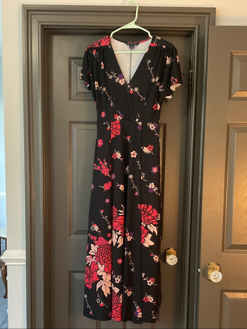French Connection Black Wrap Maxi Dress with Red Florals